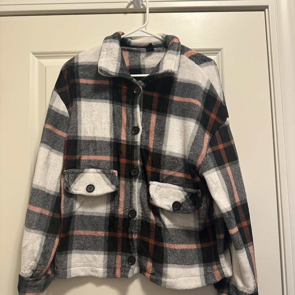 SHEIN Black, Red, and White Plaid Teddy Jacket
